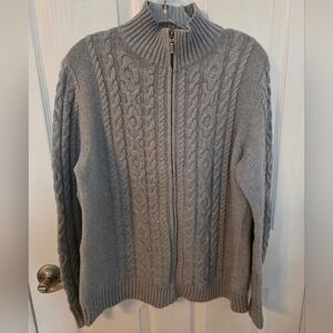 L.L. Bean Women Fisherman Grey Cable Knit Sweater Full Front Zip L
